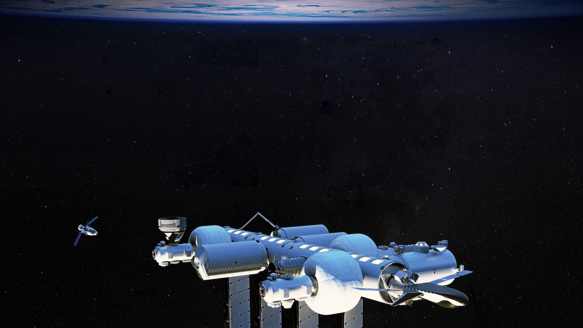 Orbital Reef in Low Earth Orbit with Starship and Dreamchaser docked, and a Dreamchaser on approach.