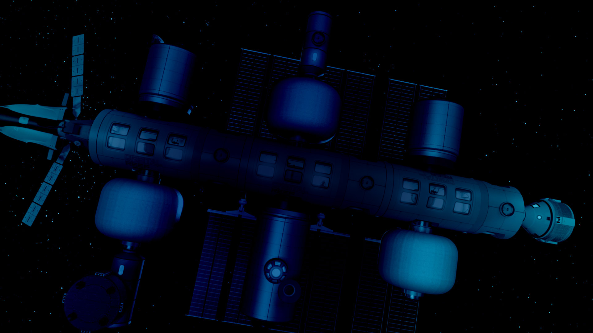 Orbital Reef from underneath at night with Dreamchaser and Starliner docked